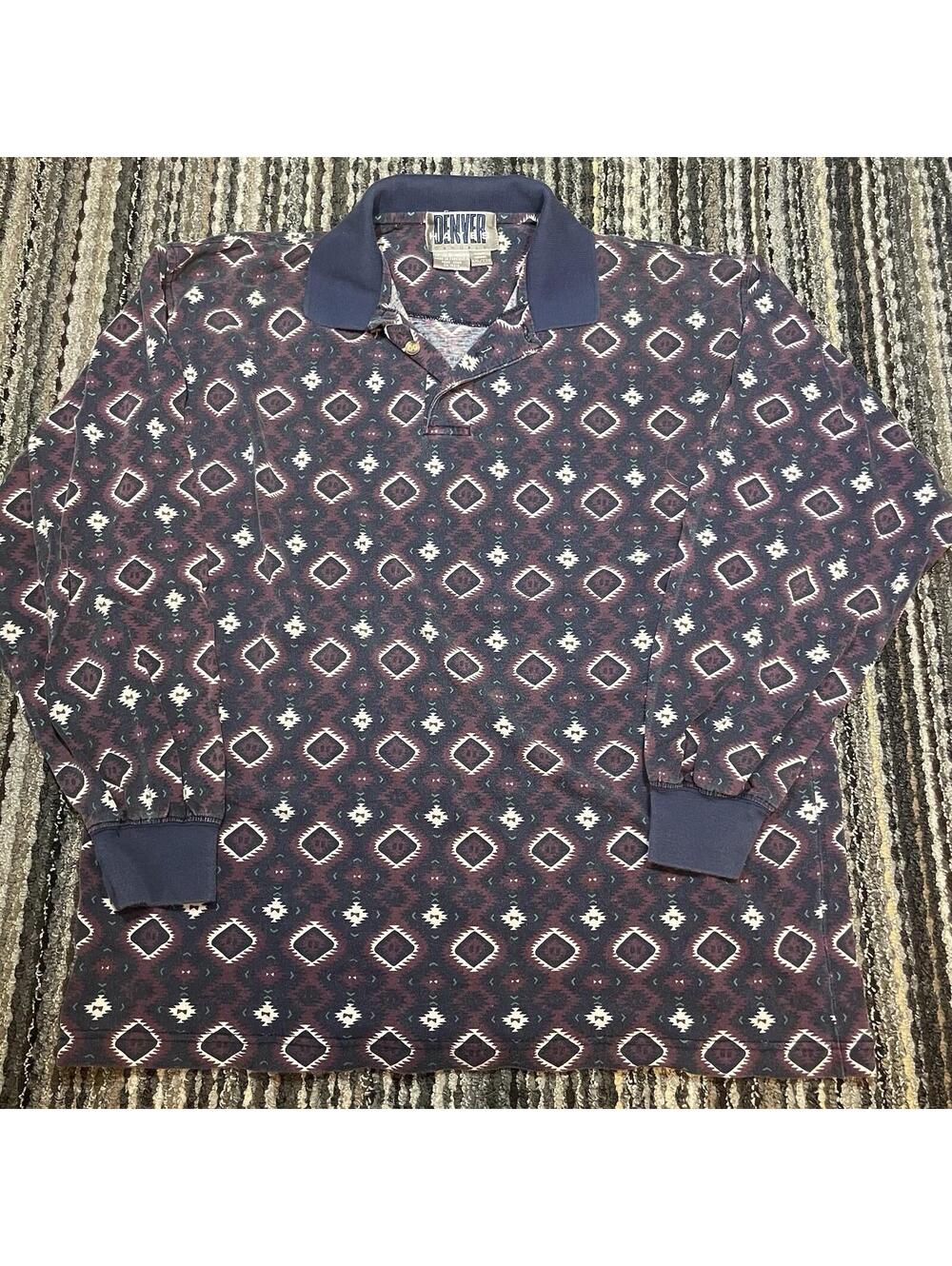 Denver Hayes Polo Shirt Long Sleeve XXL (Fit XL) Argyle Pattern Blue Red *READ*